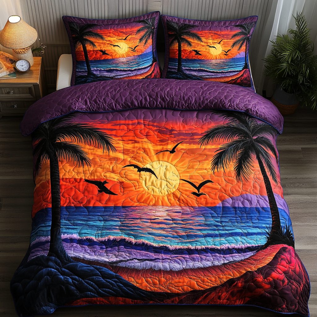 Sunset Vibes quilted 3-piece bedding set on a made bed with two matching pillow shams