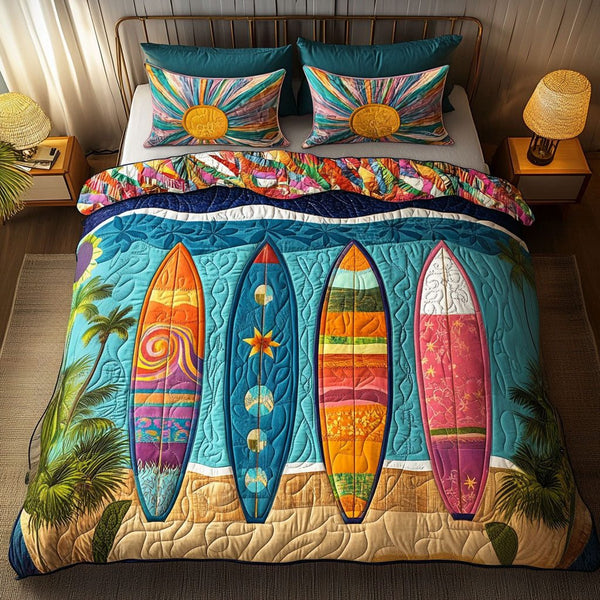 Sunset Vibes quilted 3-piece bedding set on a made bed with two matching pillow shams