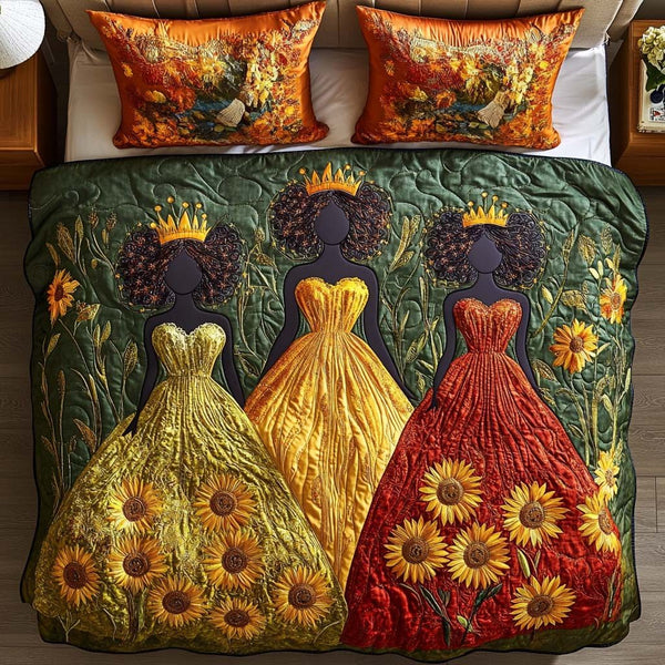Sunset Village Rhythm quilted 3-piece bedding set on a made bed with two matching pillow shams