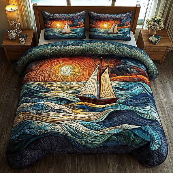 Sunset Voyage quilted 3-piece bedding set on a made bed with two matching pillow shams