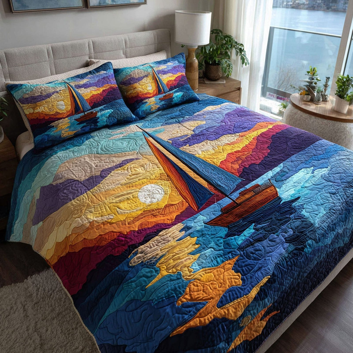 Sunset Voyage quilted 3-piece bedding set on a made bed with two matching pillow shams
