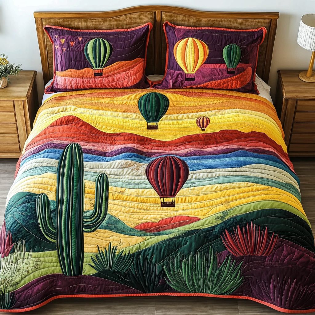 Sunset Voyage quilted 3-piece bedding set on a made bed with two matching pillow shams
