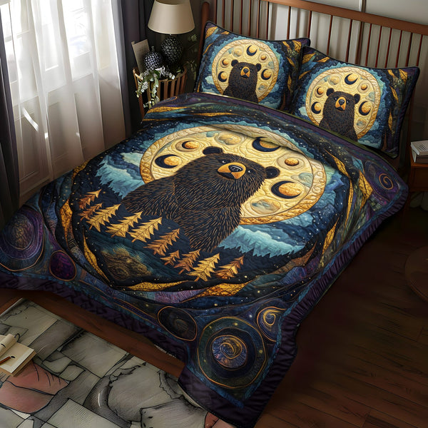 Sunset Wanderer quilted 3-piece bedding set on a made bed with two matching pillow shams