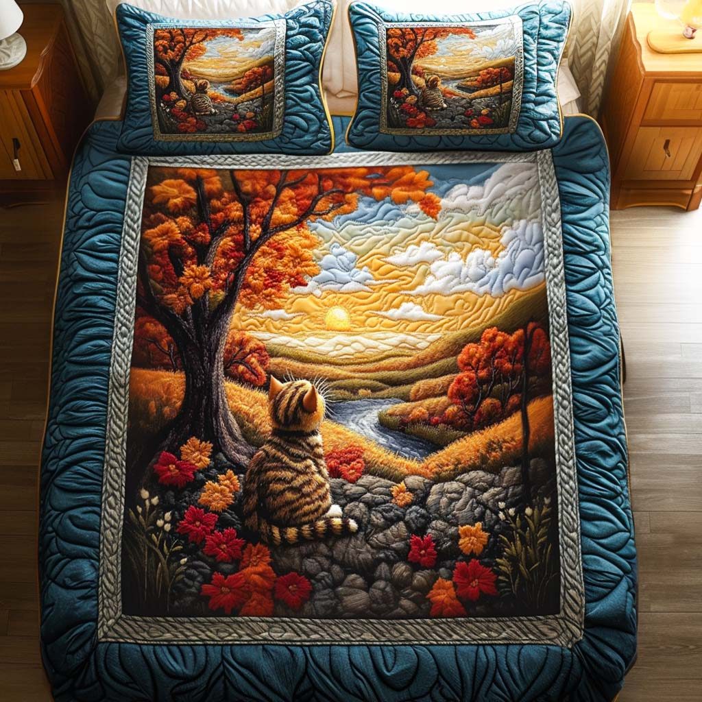 Sunset Watch quilted 3-piece bedding set on a made bed with two matching pillow shams