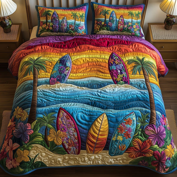 Sunset Wave Ride quilted 3-piece bedding set on a made bed in a light coastal bedroom