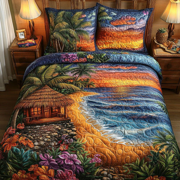 Sunset Waves quilted 3-piece bedding set on a made bed in a light coastal bedroom