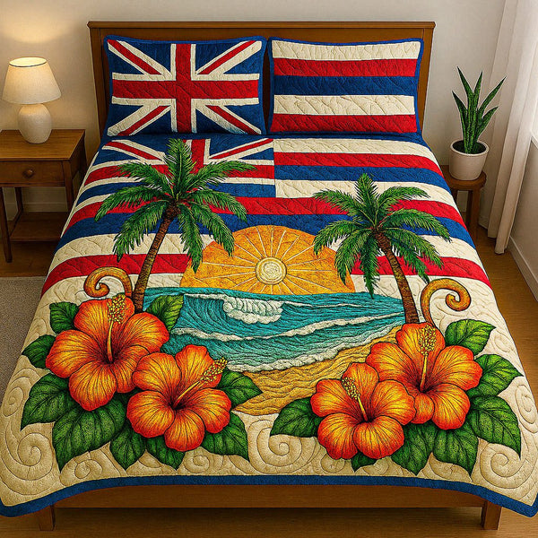 Sunset Waves quilted 3-piece bedding set on a made bed in a light coastal bedroom