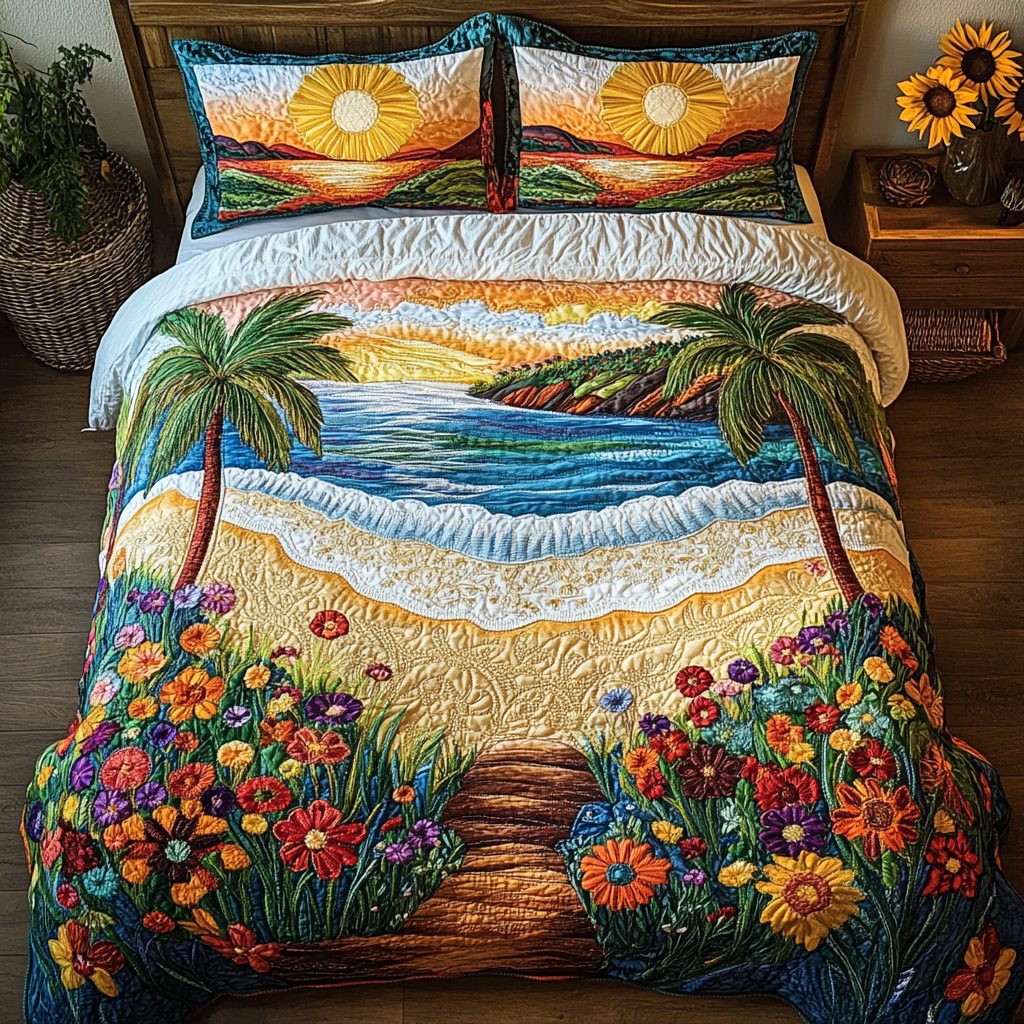Sunset Waves quilted 3-piece bedding set on a made bed in a light coastal bedroom
