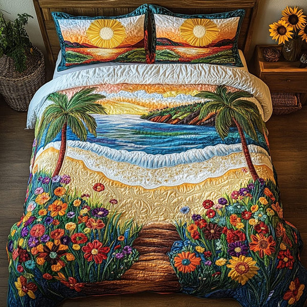 Sunset Waves quilted 3-piece bedding set on a made bed in a light coastal bedroom