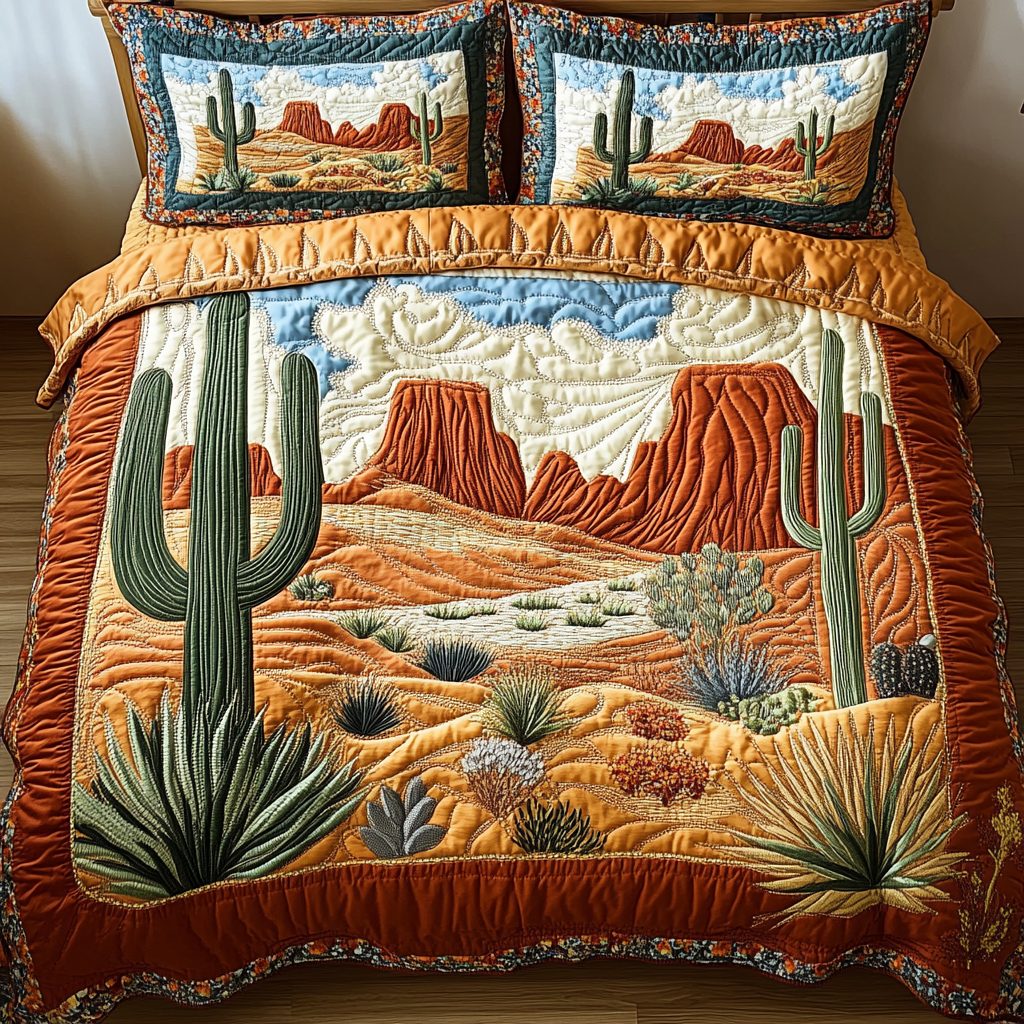 Sunset Way quilted 3-piece bedding set on a made bed with two matching pillow shams