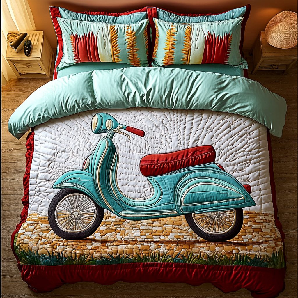 Sunset Wheels quilted 3-piece bedding set on a made bed with two matching pillow shams