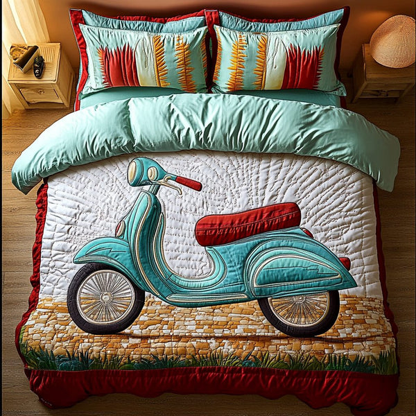 Sunset Wheels quilted 3-piece bedding set on a made bed with two matching pillow shams