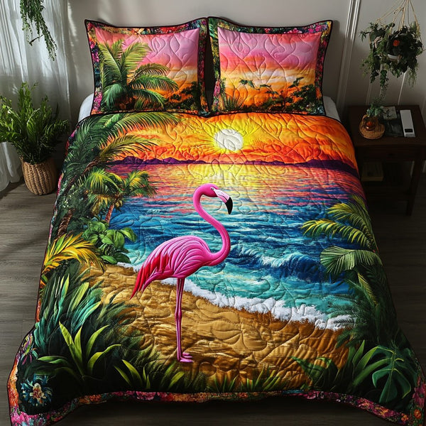Sunset Wings quilted 3-piece bedding set on a made bed with two matching pillow shams