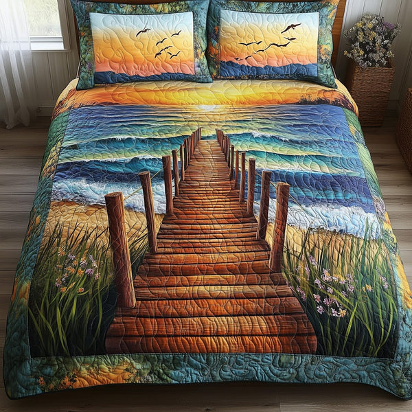 Sunset Wooden Dock quilted 3-piece bedding set on a made bed with two matching pillow shams
