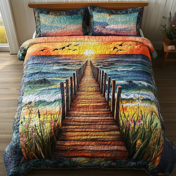 Sunset Wooden Dock quilted 3-piece bedding set on a made bed with two matching pillow shams
