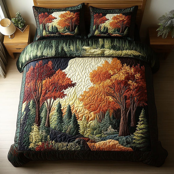 Sunset Woods quilted 3-piece bedding set on a made bed with two matching pillow shams