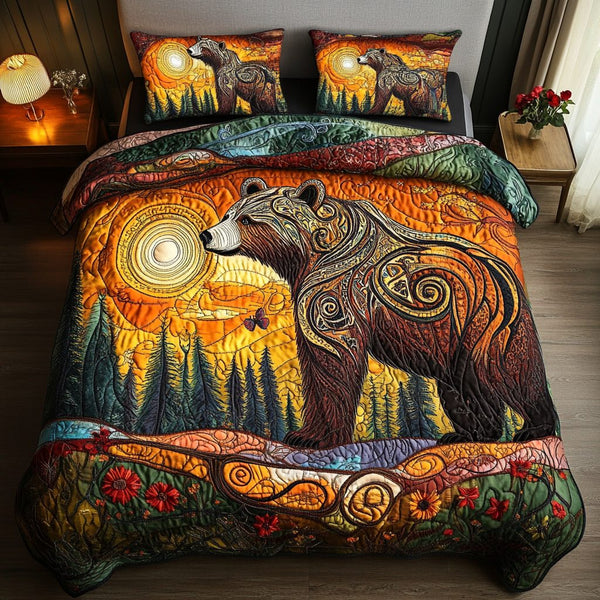 Sunset Woods quilted 3-piece bedding set on a made bed with two matching pillow shams