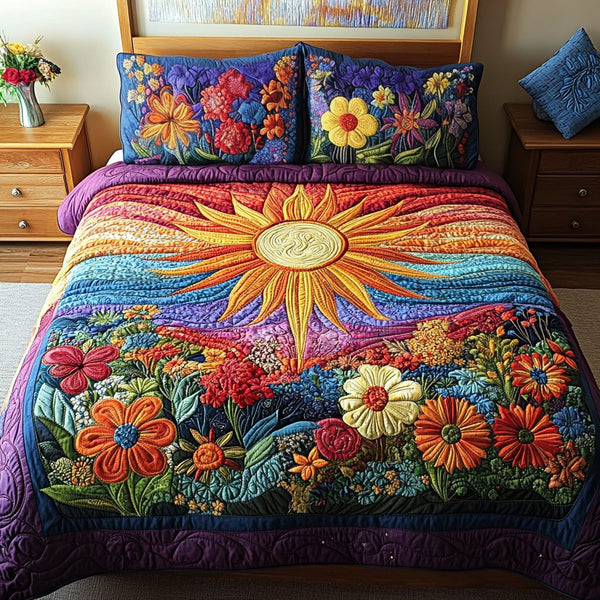 Sunshine Bliss quilted 3-piece bedding set on a made bed with two matching pillow shams