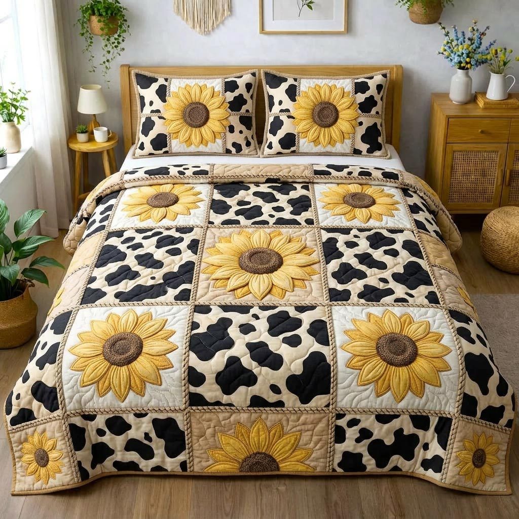 Sunshine Bloom quilted 3-piece bedding set on a made bed with two matching pillow shams