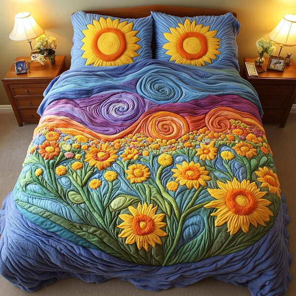 Sunshine Bloom quilted 3-piece bedding set on a made bed with two matching pillow shams