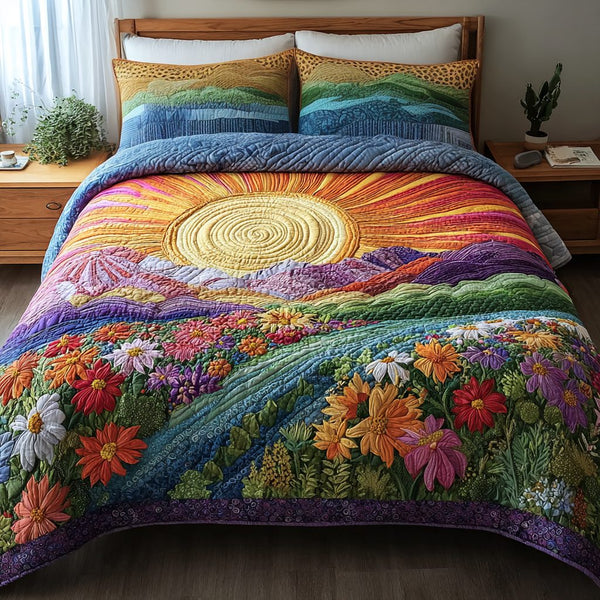 Sunshine Bloom quilted 3-piece bedding set on a made bed with two matching pillow shams