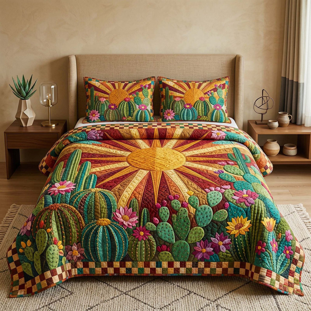 Sunshine Cactus quilted 3-piece bedding set on a made bed with two matching pillow shams