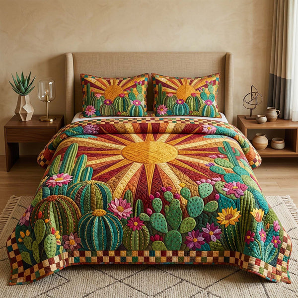 Sunshine Cactus quilted 3-piece bedding set on a made bed with two matching pillow shams