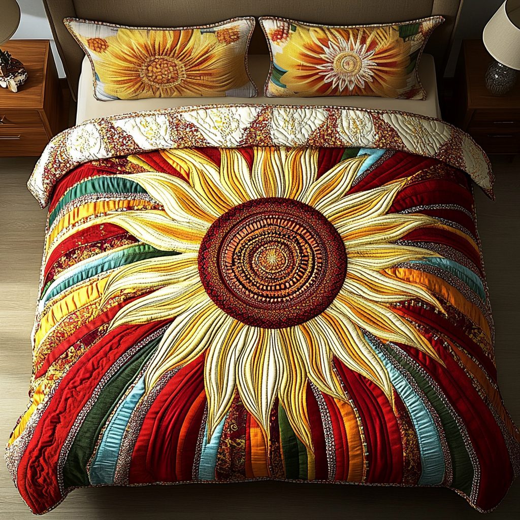 Sunshine Charm quilted 3-piece bedding set on a made bed with two matching pillow shams