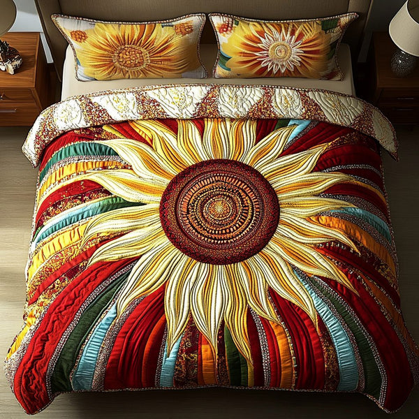 Sunshine Charm quilted 3-piece bedding set on a made bed with two matching pillow shams