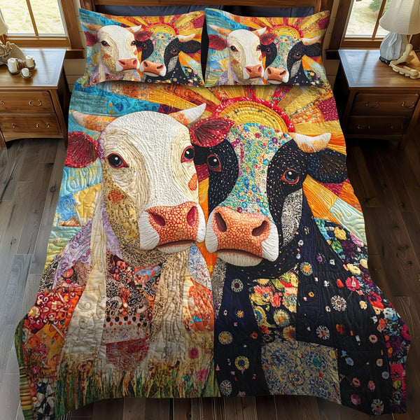 Sunshine Cows quilted 3-piece bedding set on a made bed with two matching pillow shams