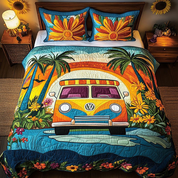 Sunshine Cruise quilted 3-piece bedding set on a made bed with two matching pillow shams