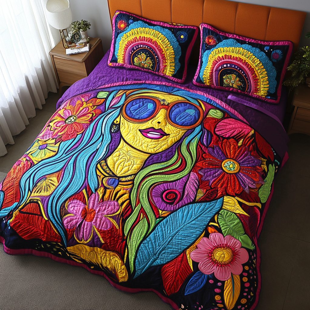 Sunshine Diva quilted 3-piece bedding set on a made bed with two matching pillow shams