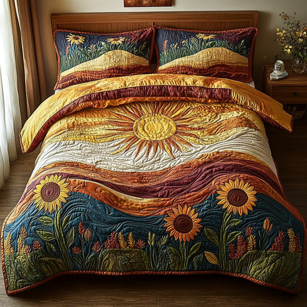 Sunshine Field quilted 3-piece bedding set on a made bed with two matching pillow shams
