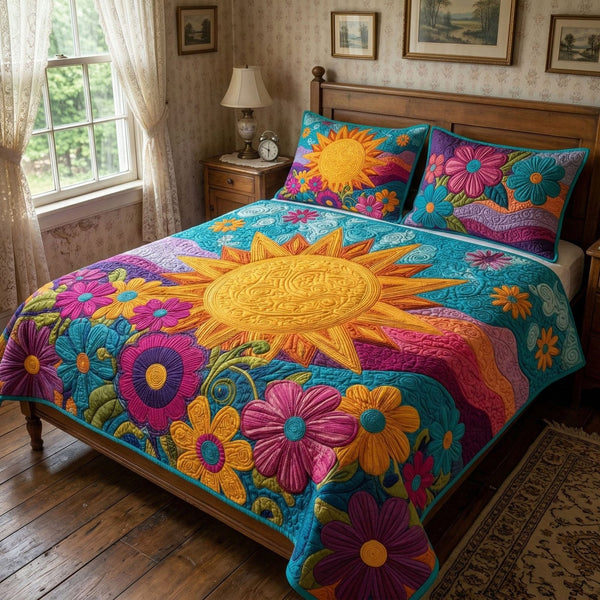Sunshine Flower Garden quilted 3-piece bedding set on a made bed with two matching pillow shams