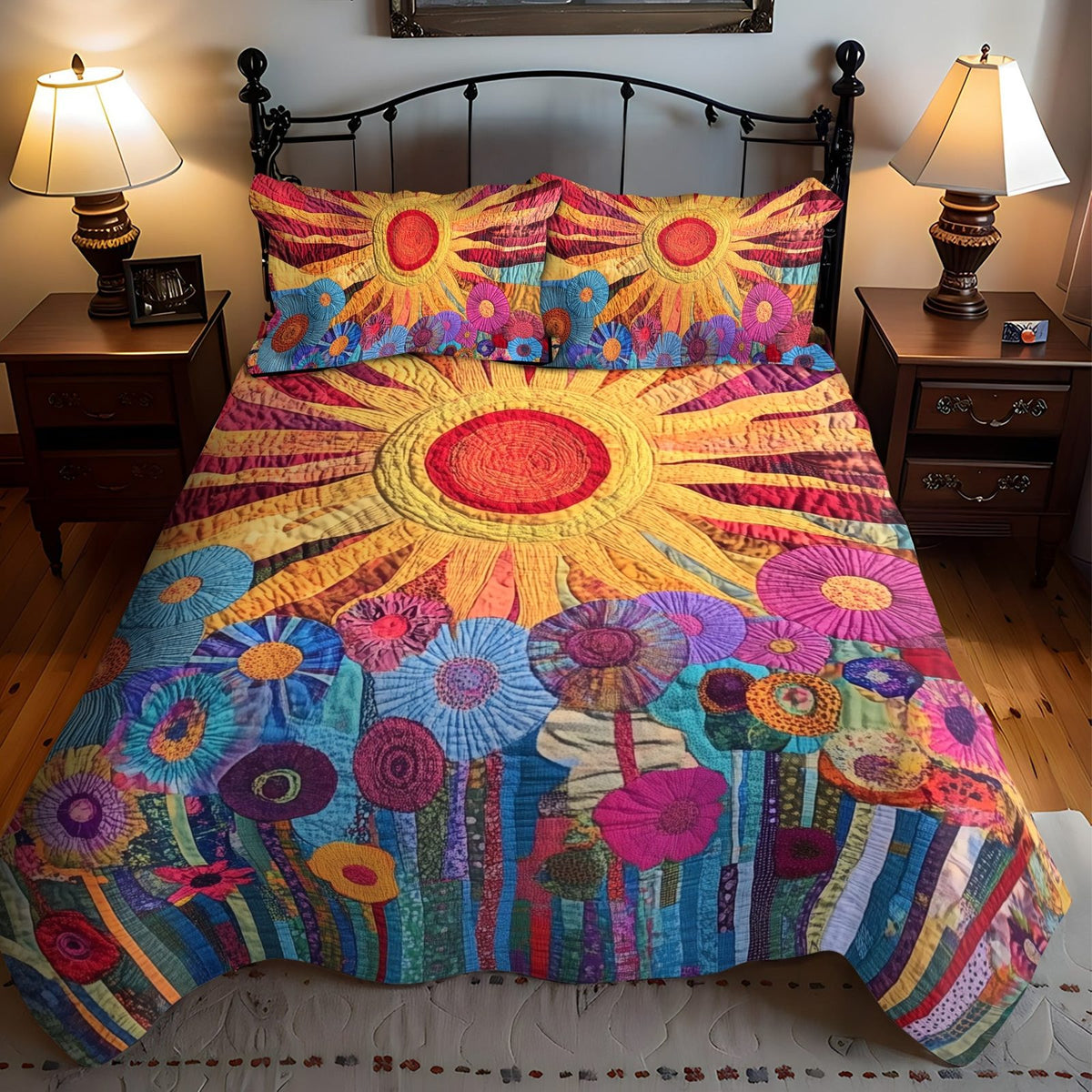 Sunshine Garden quilted 3-piece bedding set on a made bed with two matching pillow shams