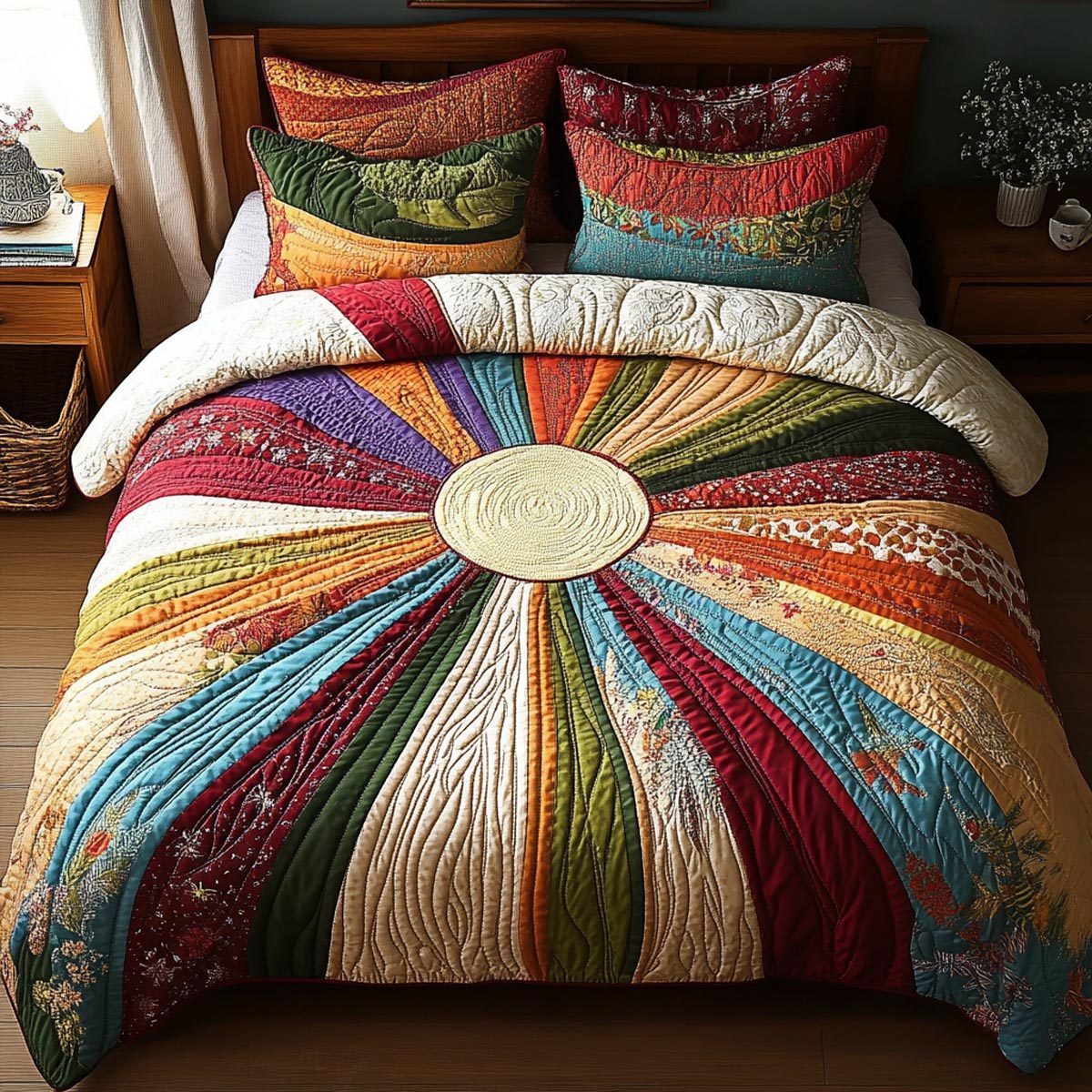Sunshine Glow quilted 3-piece bedding set on a made bed with two matching pillow shams