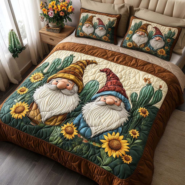 Sunshine Gnome Day quilted 3-piece bedding set on a made bed in a winter-styled bedroom