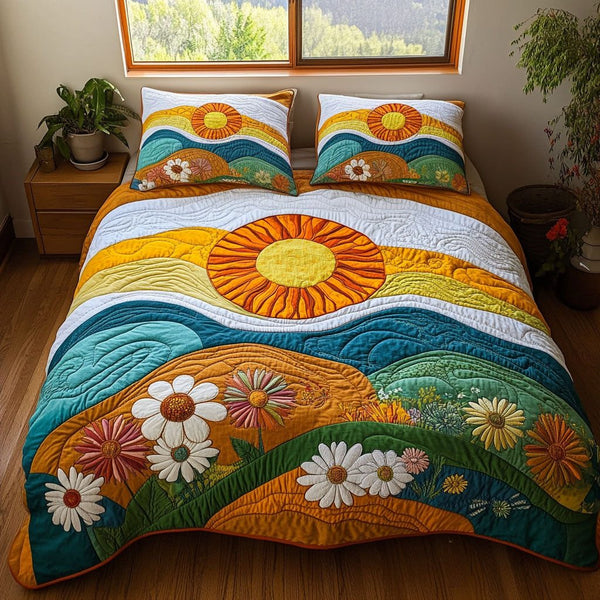 Sunshine Groove quilted 3-piece bedding set on a made bed with two matching pillow shams