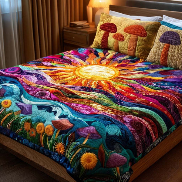 Sunshine Grove quilted 3-piece bedding set on a made bed with two matching pillow shams