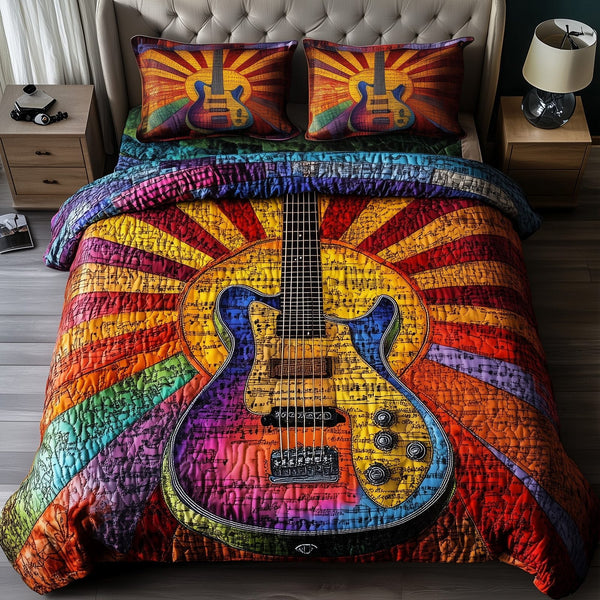 Sunshine Guitar quilted 3-piece bedding set on a made bed with two matching pillow shams