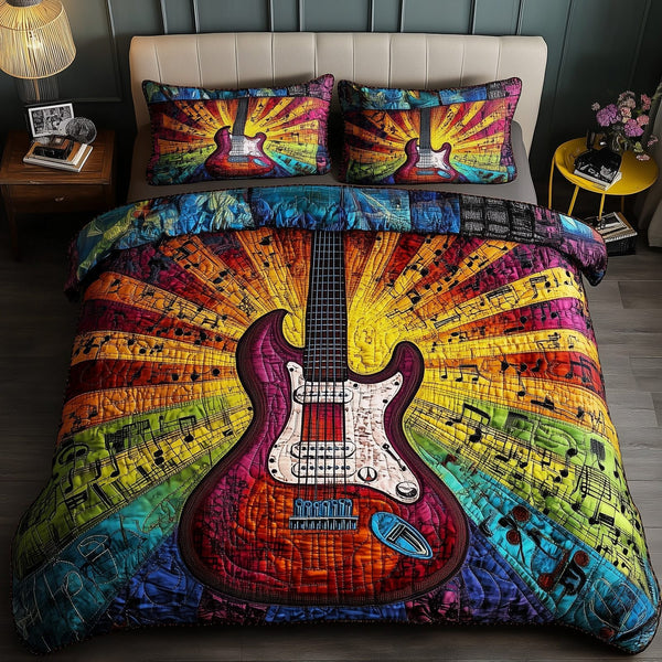 Sunshine Guitar quilted 3-piece bedding set on a made bed with two matching pillow shams