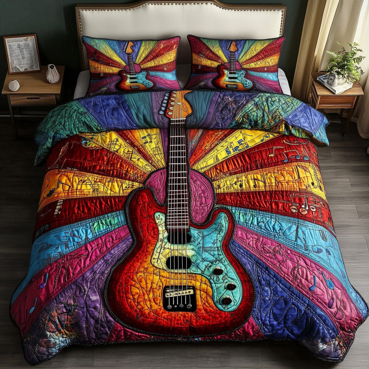 Sunshine Guitar quilted 3-piece bedding set on a made bed with two matching pillow shams