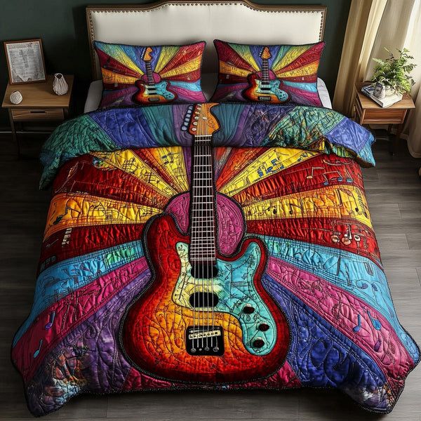 Sunshine Guitar quilted 3-piece bedding set on a made bed with two matching pillow shams