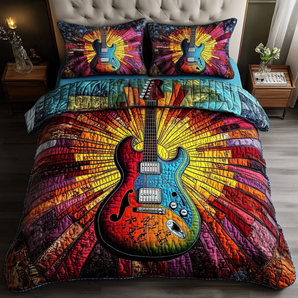 Sunshine Guitar quilted 3-piece bedding set on a made bed with two matching pillow shams