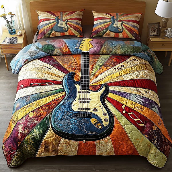 Sunshine Guitar quilted 3-piece bedding set on a made bed with two matching pillow shams