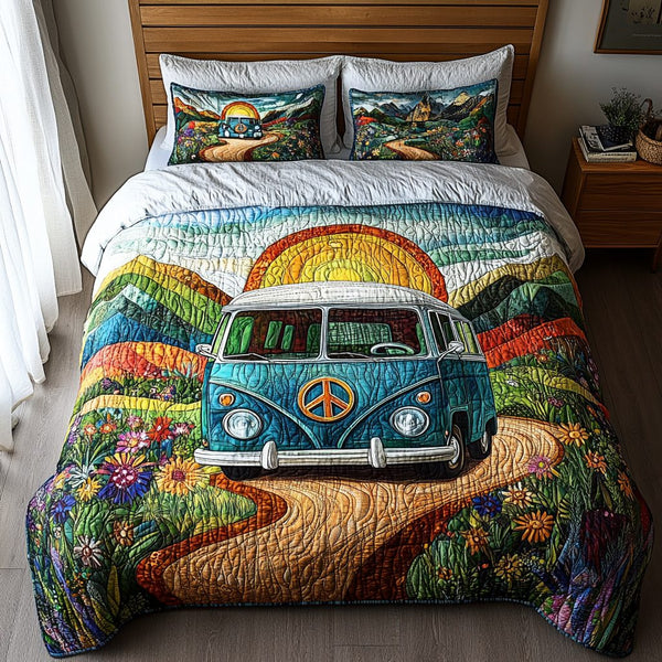 Sunshine Journey quilted 3-piece bedding set on a made bed with two matching pillow shams