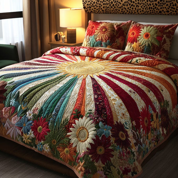 Sunshine Meadow quilted 3-piece bedding set on a made bed with two matching pillow shams