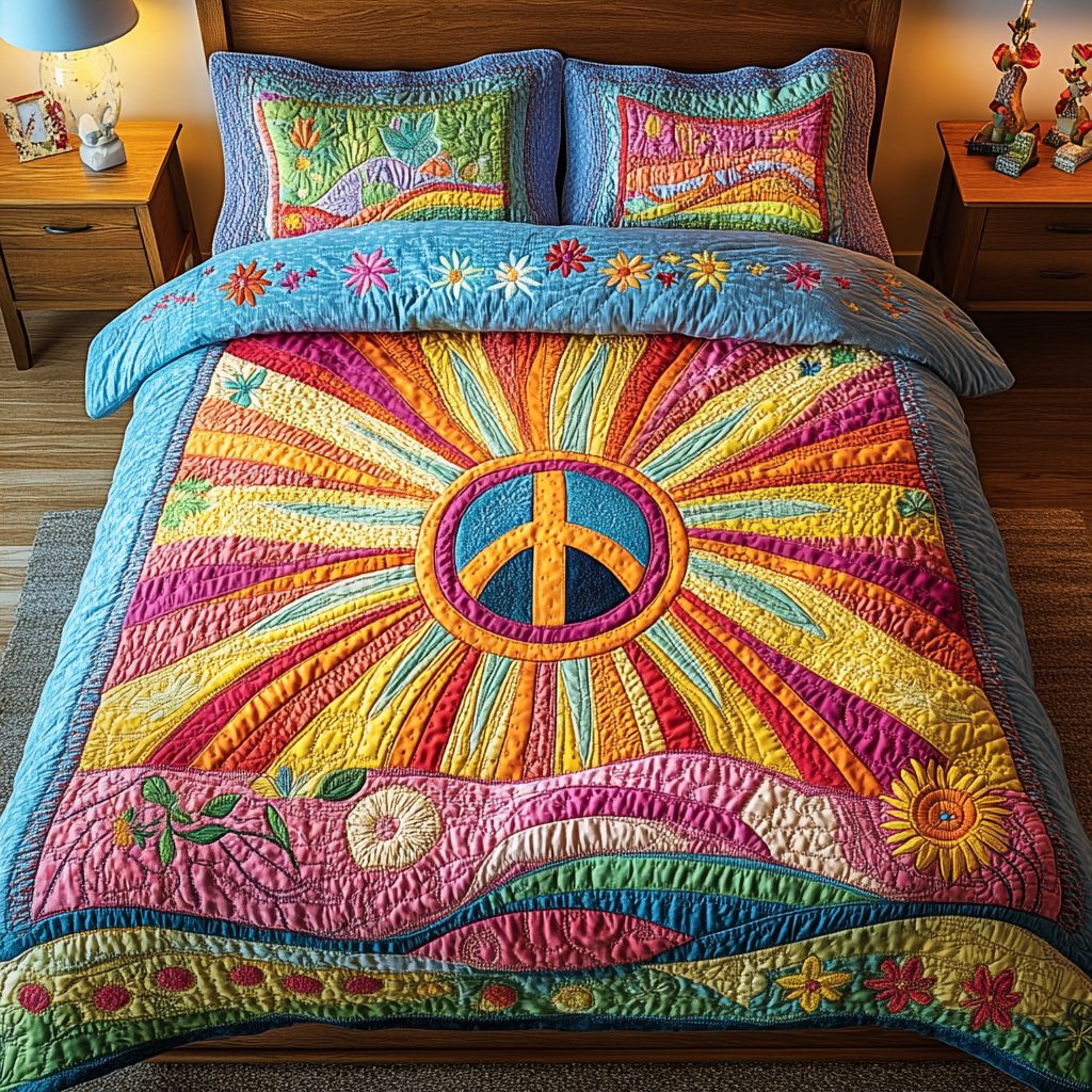 Sunshine Meadow quilted 3-piece bedding set on a made bed with two matching pillow shams