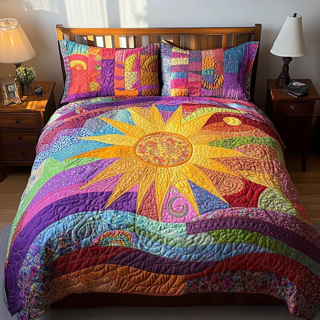 Sunshine Meadow quilted 3-piece bedding set on a made bed with two matching pillow shams