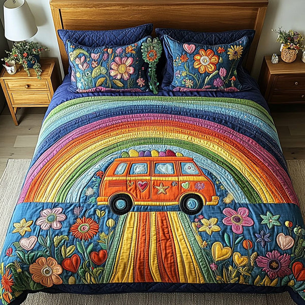 Sunshine Odyssey quilted 3-piece bedding set on a made bed with two matching pillow shams